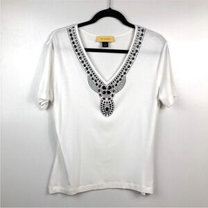 ST JOHN White V-Neck Embellished T-shirt Size M
